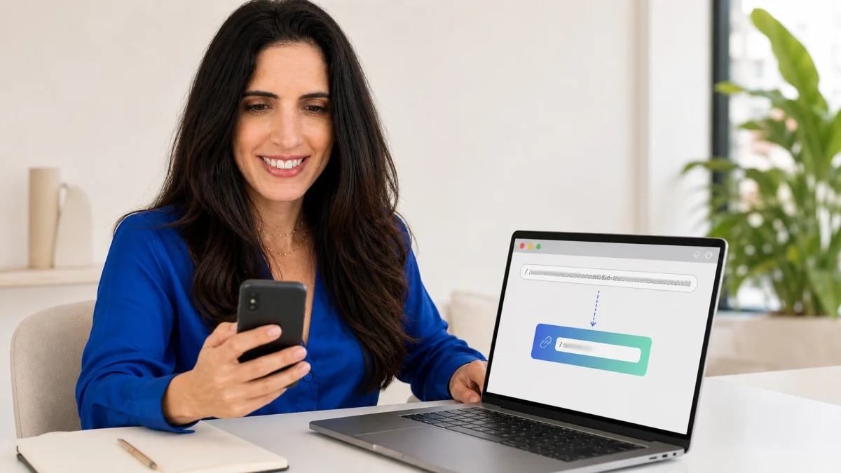 Woman shortening a URL on a laptop and checking the result on her phone