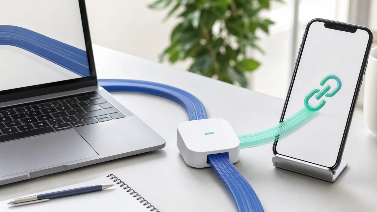 Laptop and phone connected through a clear visual URL shortening flow