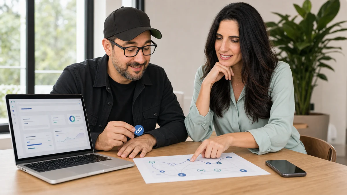 Equipo planificando enlaces cortos con mapa de campañas y panel de accesos
