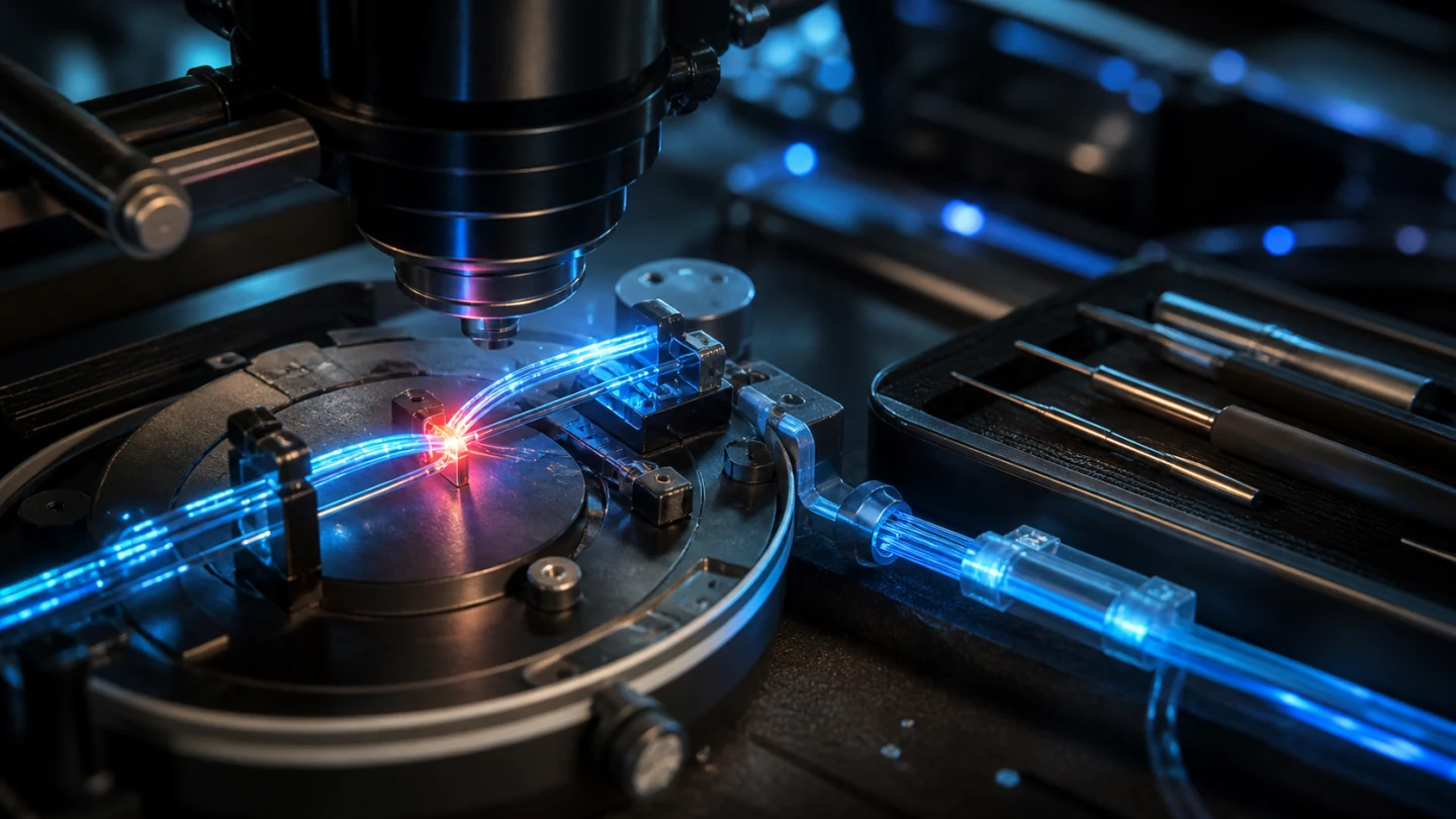 Diagnostic bench identifying a red fault in a fiber-optic path