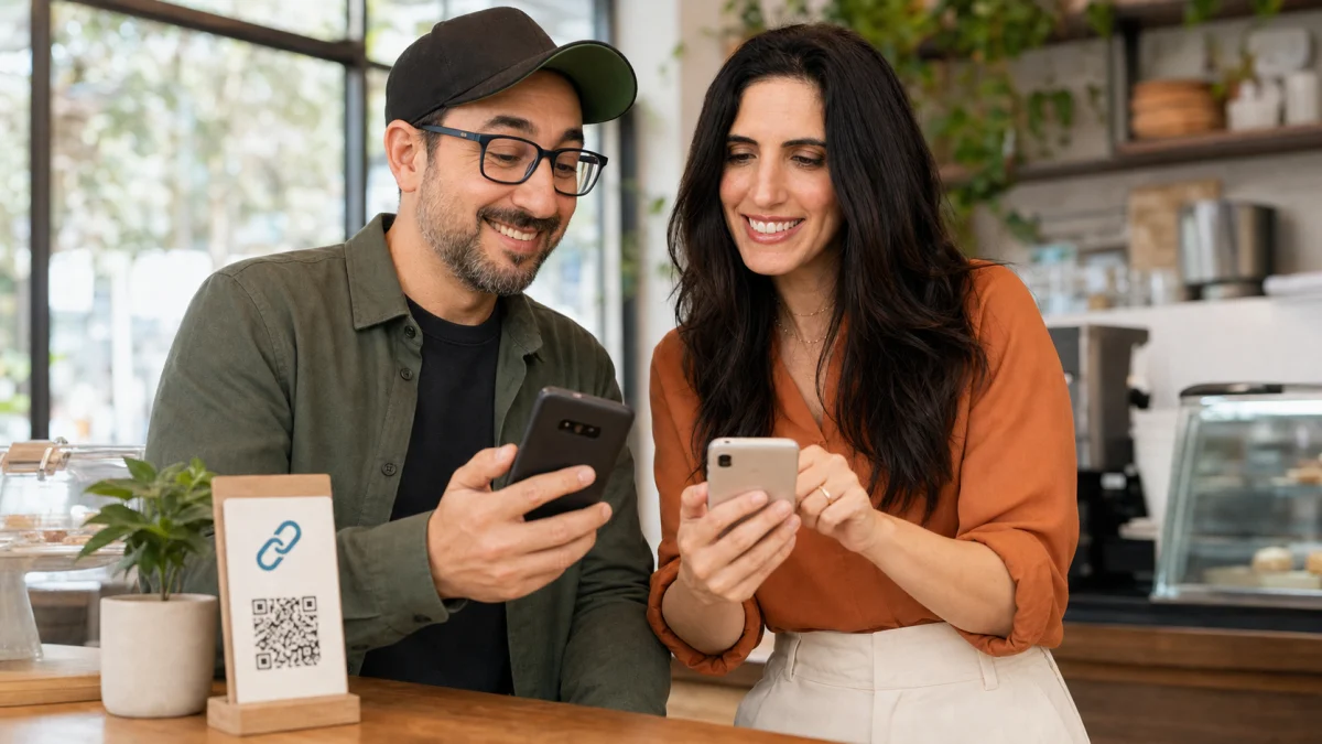 Duas pessoas compartilhando links curtos pelo celular em um pequeno negócio