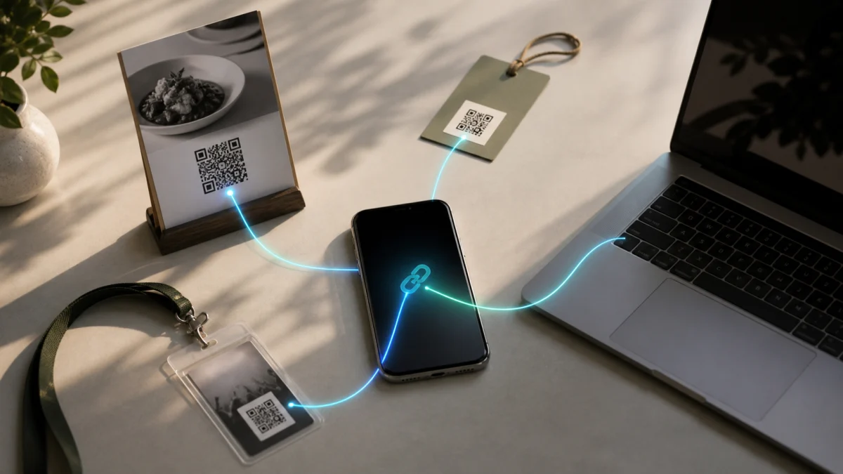 Celular conectando QR Code, cardápio, crachá e computador por um link curto