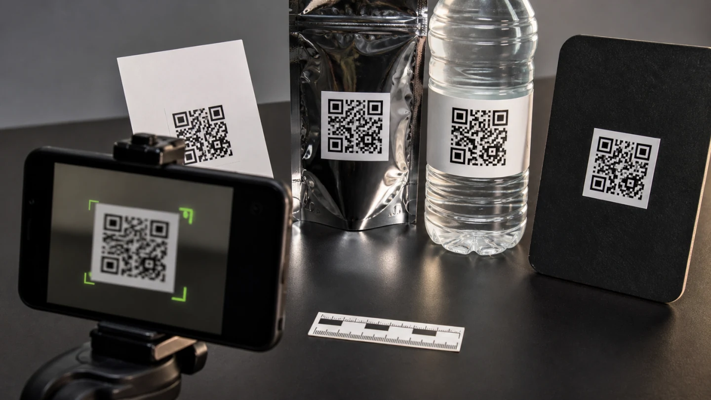 Celular testando QR Codes impressos em papel, embalagem, garrafa e superfície fosca