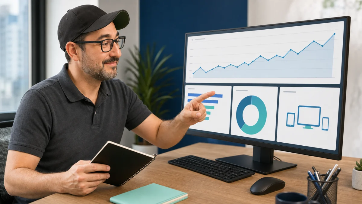 Homem analisando gráficos de cliques e dispositivos em um painel de links