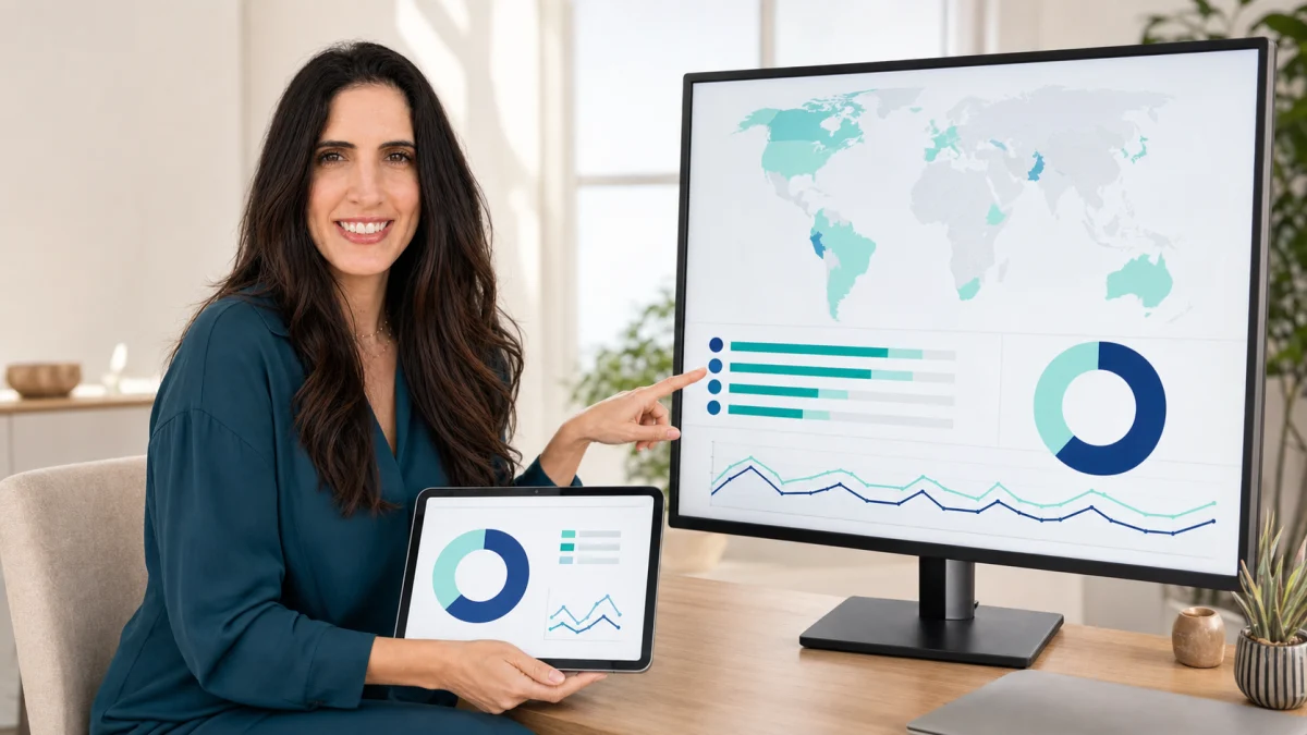 Mulher comparando países, dispositivos e tendências de acesso no painel