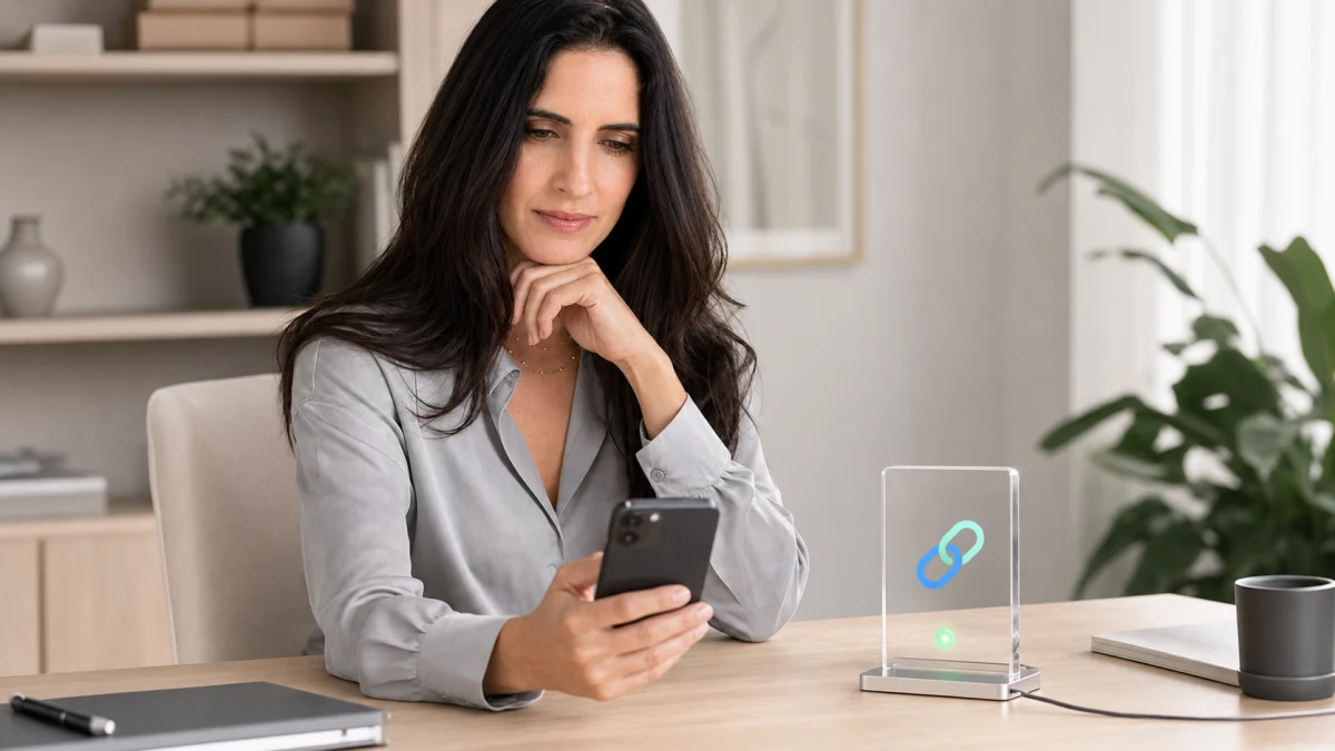 Woman checking a short link on her phone before opening the destination