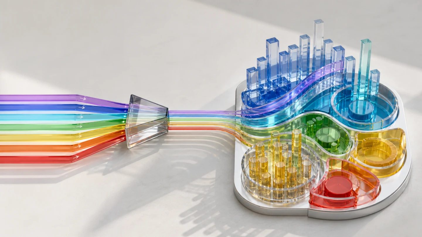 Fluxos coloridos preservados por um prisma e organizados em uma escultura de dados